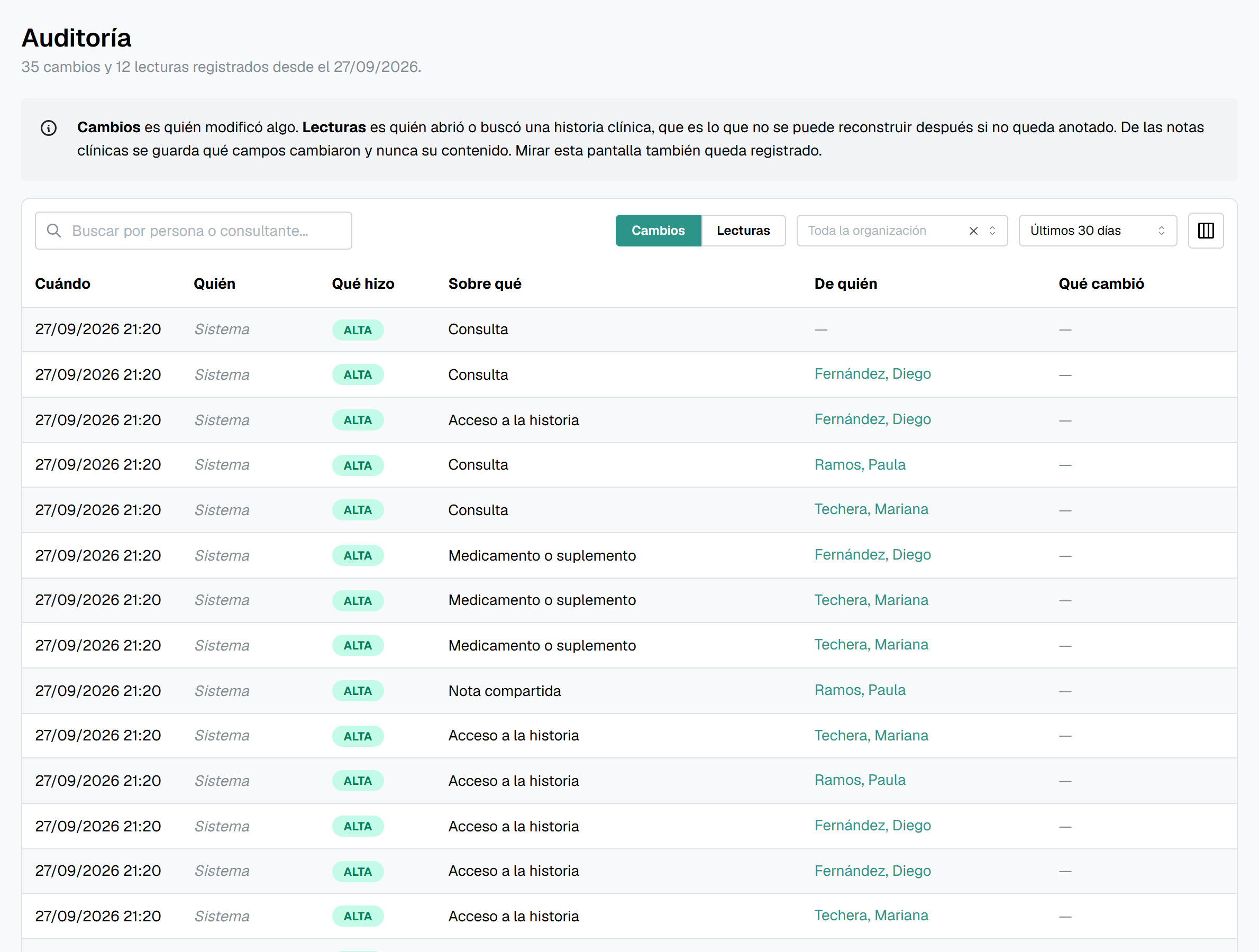 Audit log screen, with test data