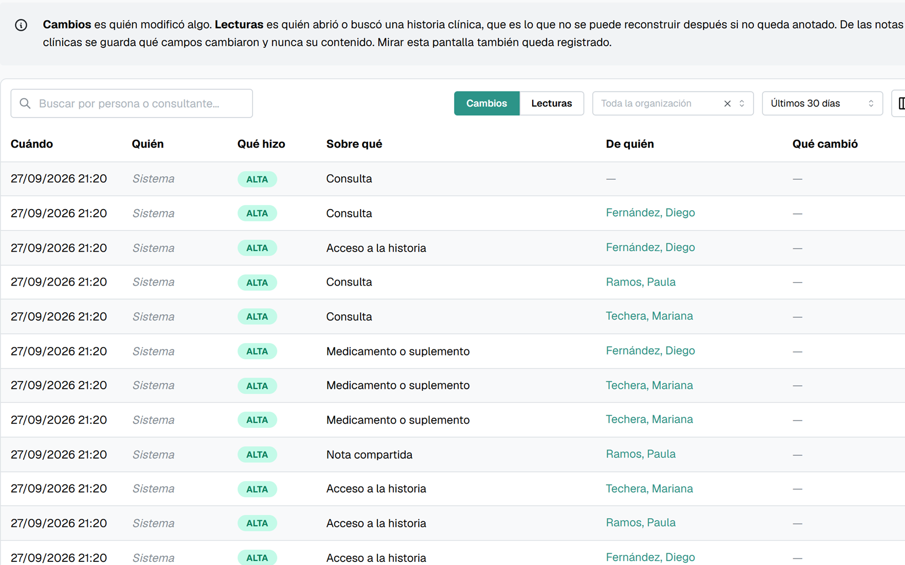 Audit log screen, with test data